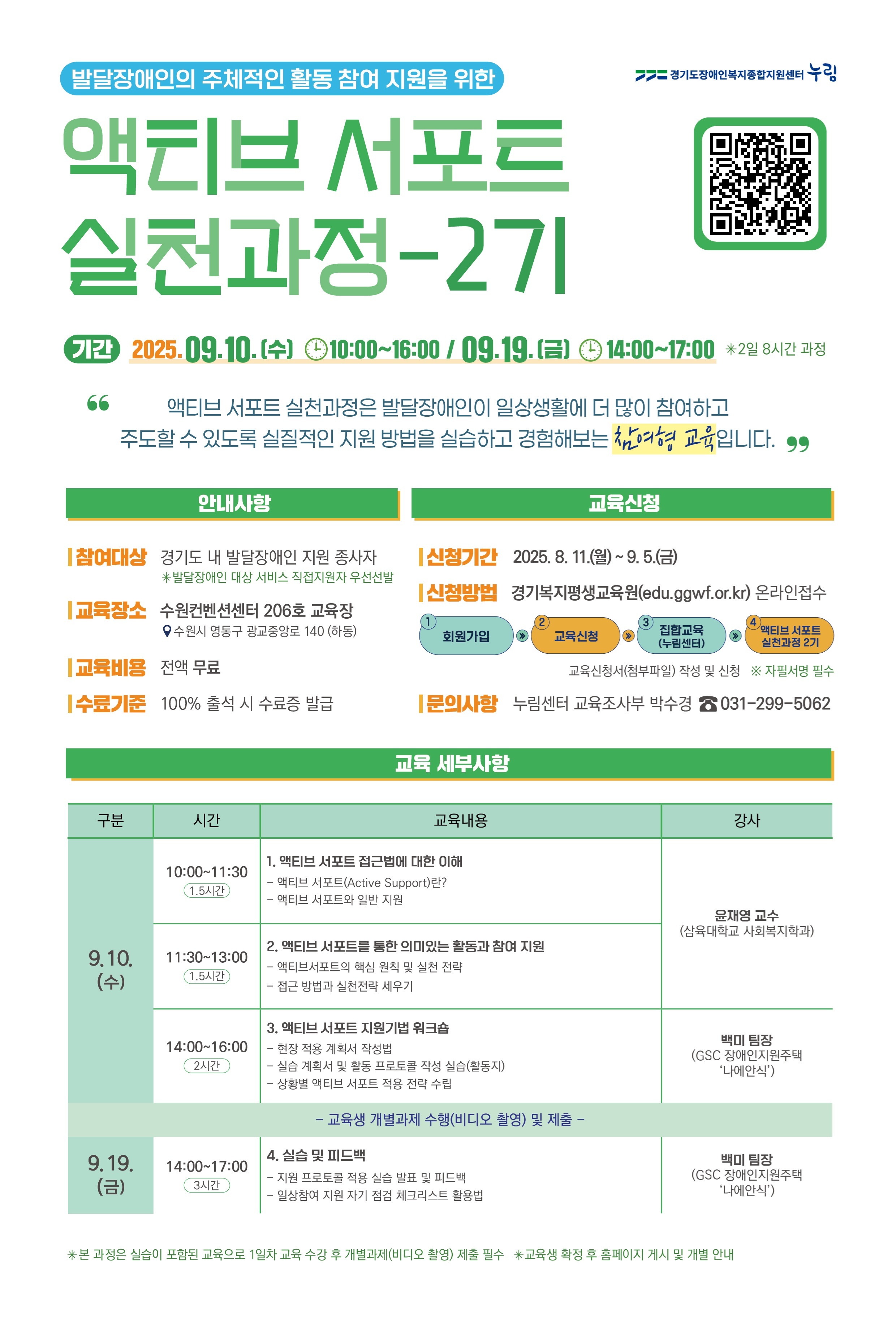 발달장애인의 주체적인 활동 참여 지원을 위한 액티브 서포트 실천과정 - 2기 기간 2025.09.10.(수) 10:00~16:00 / 09.19.(금) 14:00~17:00 * 2일 8시간 과정 액티브 서포트 실천과정은 발달장애인이 일상생활에 더 많이 참여하고 주도할 수 있도록 실질적인 지원 방법을 실습하고 경험해보는 참여형 교육입니다. 안내사항 참여대상: 경기도 내 발달장애인 지원 종사자 발달장애인 대상 서비스 직접지원자 우선선발 교육장소: 수원컨벤션센터 206호 교육장 수원시 영통구 광교중앙로 140 (하동) 교육비용: 전액 무료 수료기준: 100% 출석 시 수료증 발급 교육신청 신청기간: 2025. 8. 11.(월) ~ 9. 5.(금) 신청방법: 경기복지평생교육원(edu.ggwf.or.kr) 온라인접수 회원가입 → 교육신청 → 집합교육(누림센터) → 액티브 서포트 실천과정 2기 교육신청서(첨부파일) 작성 및 신청 ※ 자필서명 필수 문의사항: 누림센터 교육조사부 박수경 ☎ 031-299-5062 교육 세부사항 구분: 9.10.(수), 시간: 10:00~11:30 (1.5시간), 교육내용: 1. 액티브 서포트 접근법에 대한 이해 - 액티브 서포트(Active Support)란? - 액티브 서포트와 일반 지원, 강사: 윤재영 교수 (삼육대학교 사회복지학과), 시간: 11:30~13:00 (1.5시간) 2. 액티브 서포트를 통한 의미있는 활동과 참여 지원 - 액티브서포트의 핵심 원칙 및 실천 전략 - 접근 방법과 실천전략 세우기, 시간: 14:00~16:00 (2시간) 3. 액티브 서포트 지원기법 워크숍 - 현장 적용 계획서 작성법 - 실습 계획서 및 활동 프로젝트 작성 실습(활동지) - 상황별 액티브 서포트 적용 전략 수립, 강사: 백미 팀장 (GSC 장애인지원주택 '나에안식'), 교육생 개별과제 수행(비디오 촬영) 및 제출, 구분: 9.19.(금), 시간: 14:00~17:00 (3시간) 4. 실습 및 피드백 - 지원 프로토콜 적용 실습 발표 및 피드백 - 일상참여 지원 자기 점검 체크리스트 활용법, 강사: 백미 팀장 (GSC 장애인지원주택 '나에안식') *본 과정은 실습이 포함된 교육으로 1일차 교육 수강 후 개별과제(비디오 촬영) 제출 필수 *교육생 확정 후 홈페이지 게시 및 개별 안내. QR코드: https://edu.ggwf.or.kr/edu/edu_view.do?idxedu=1123